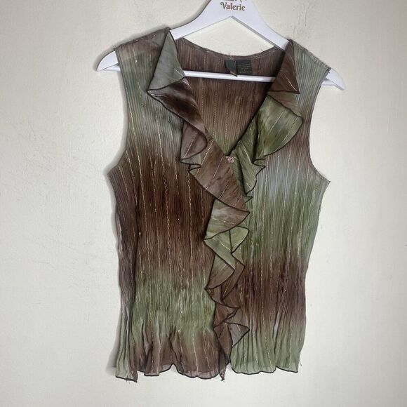 Serenade Y2k Style Green & Brown Crinkle Sheer Ruffle Blouse Top Large - Picture 2 of 11